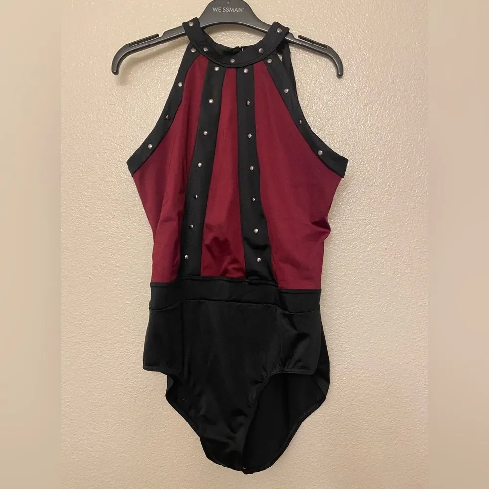 WEISSMAN Elite Dance Costume burgundy Studded Cage Strap leotard SH12602 LA